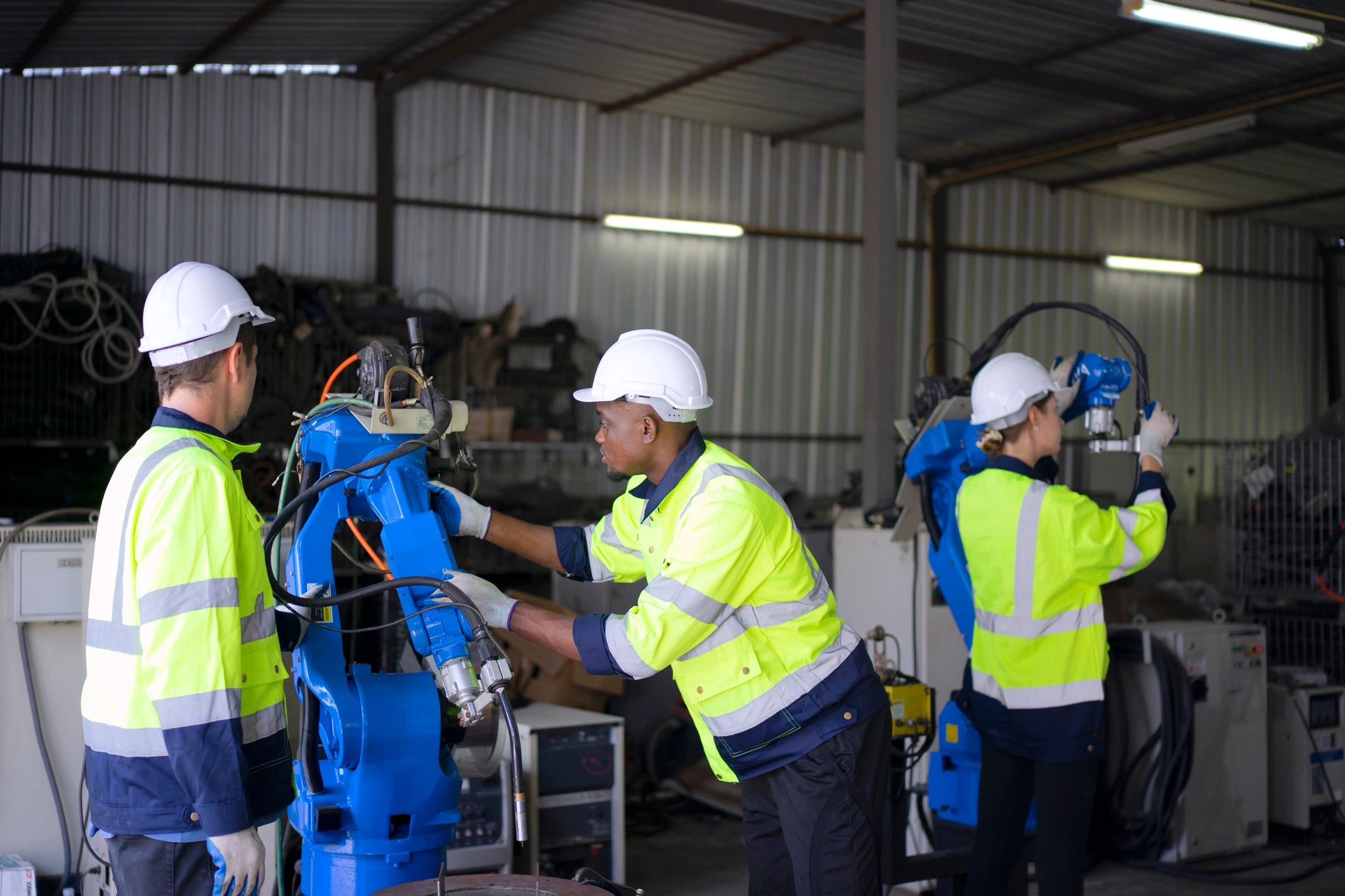 Engineer working near robotic arm during machine setup