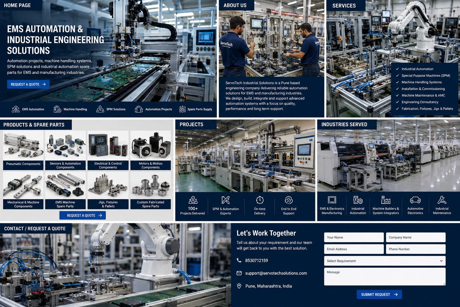 Industrial automation spare parts collage with servo motors, pneumatic cylinders, sensors, PLC, HMI and control components